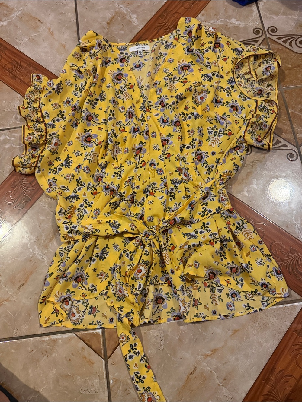 Yellow Floral Tie-Waist Women's Top